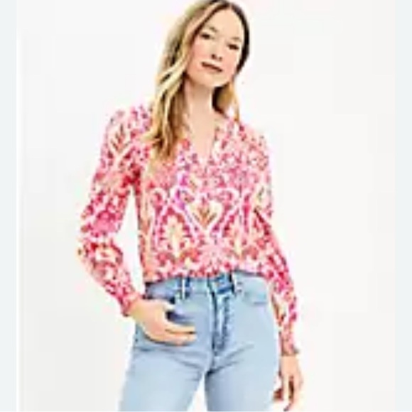 LOFT Woman colorful Paisley smocked cuff V neck cotton blend button blouse L - Picture 1 of 10